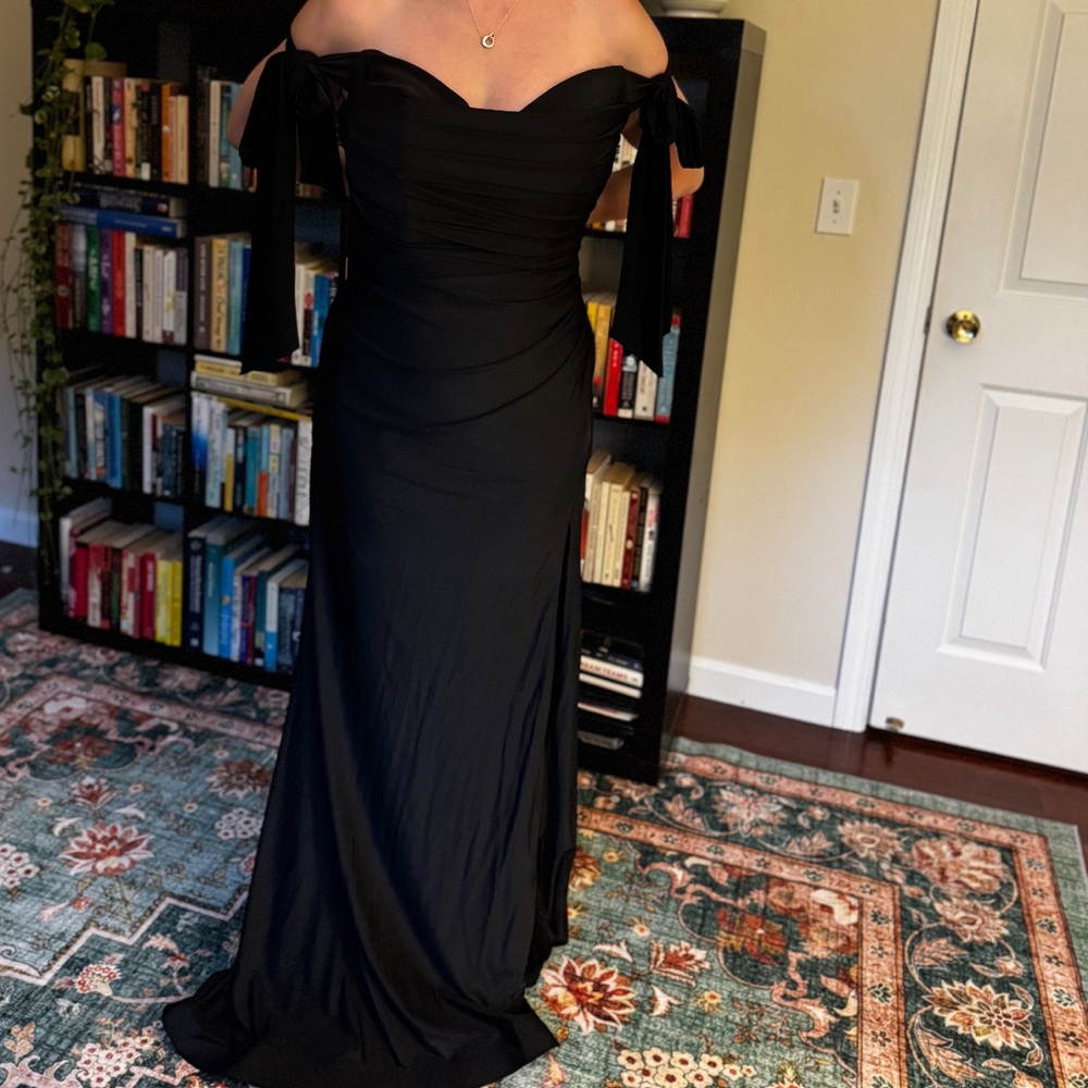 AMBER GOWN - BLACK - OFF SHOULDER STRETCH SPANDEX SATIN DRESS WITH TIES